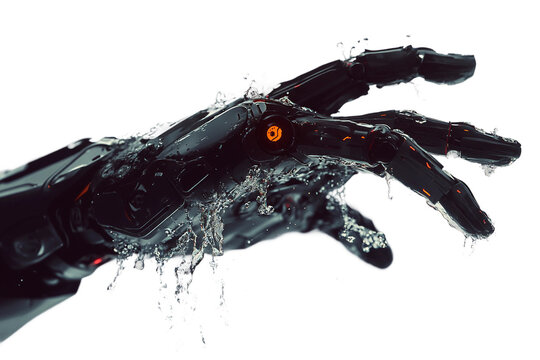Sci-fi robot hand breaking through water surface isolated on transparent background