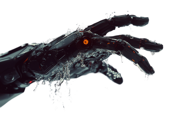 Sci-fi robot hand breaking through water surface isolated on transparent background