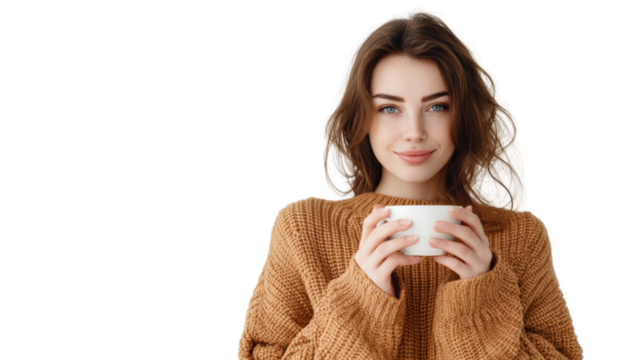A young woman in a brown sweater holds a white cup, smiling warmly against a white background.