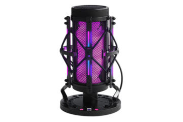 Professional streaming microphone with shock mount for gamers isolated on transparent background
