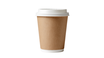 Brown paper coffee cup with a white lid isolated on a clean background.