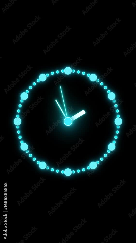 Aufkleber animated neon clock face against black background with glowing blue luminescence.vertical video of m