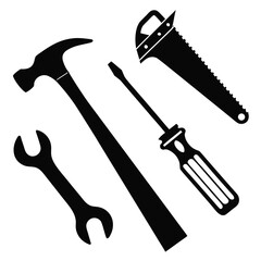 Black silhouettes of construction tools hammer wrench