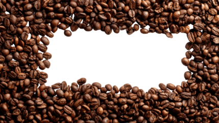 Coffee beans arranged in a frame on a white isolated background.