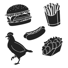 Black silhouettes of fast food and chicken burger french fries