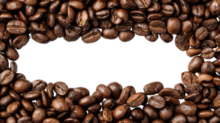 Coffee beans arranged in a frame shape, isolated on a white background.