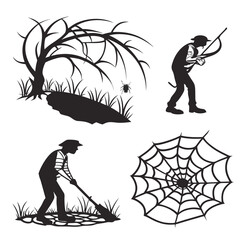 Black silhouettes of nature and people white tree