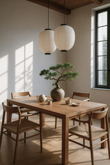 Contemporary dining room with bonsai centerpiece, wooden chairs and Japanese lantern lights