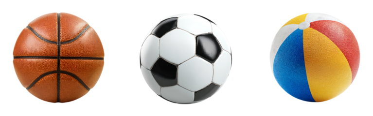 Basketball football and colorful beach ball in a row three sports balls ready for fun and games isolated on a white or transparent background