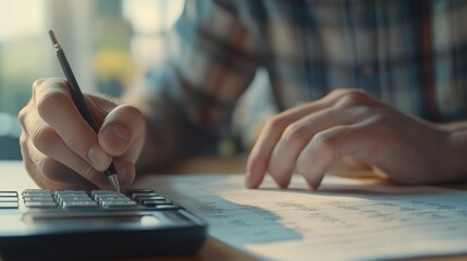 Man writing on piece of paper with calculator in the background. Man is using calculator to calculate realistic calculations. A field of 16:9 figures of shallow depth. A man is lifestyle writing on a.