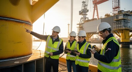 Engineers inspecting structural integrity of floating offshore wind platform components during dockside assembly and testing phase.