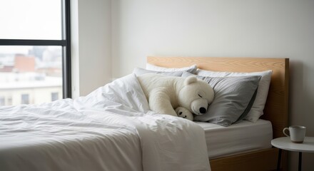Adorable white dog sleeping peacefully on a cozy bed with pillows.