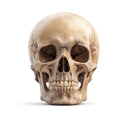 Fototapeta premium Realistic human skull object isolated on white backdrop for creative projects and design