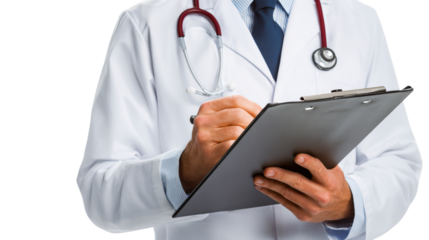 Doctor in white coat holding clipboard and writing notes on isolated background.