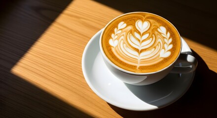 A beautifully crafted latte with intricate foam art, served in a white cup and saucer on a wooden table, with dramatic sunlight casting shadows
