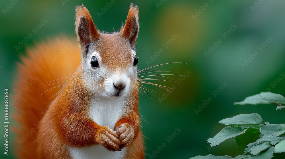 Poster a squirrel is standing in front of a green leafy tree. the squirrel is brown and white in color
