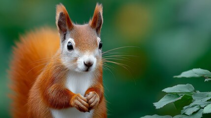 A squirrel is standing in front of a green leafy tree. The squirrel is brown and white in color