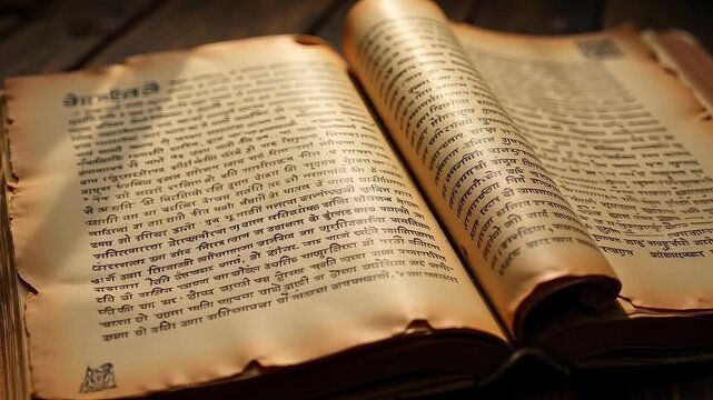 Explore Ancient Sanskrit Scriptures Unlock Sacred Vedic Knowledge Revered Texts in Macro Detail Holy Pages of Old Religious Relics in Stunning 4K