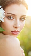 Fototapeta premium close up young beauty woman with flower outdoor natural light