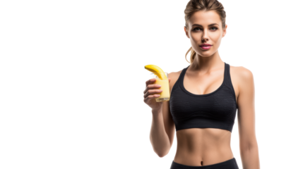 Fitness model holding a banana, showcasing healthy eating and lifestyle on a white isolated background.