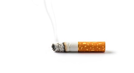 Close-up of a Burnt Cigarette with Smoke on White Background