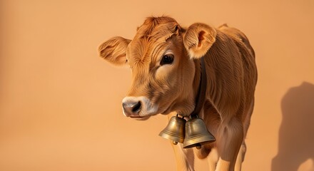 Close-up of a Calf with Traditional Bells, Soft Golden Light