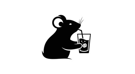 Simple black silhouette of a mouse drinking a fizzy beverage.