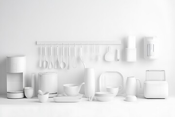 A modern all-white kitchen featuring shelves, counters, and white cabinets.