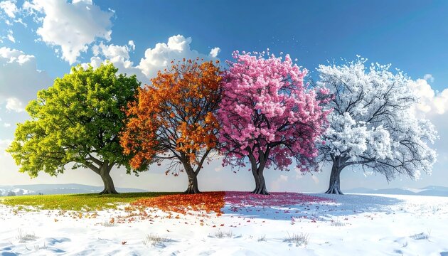 Four trees symbolizing the four seasons, each in a different state, from green leaves to snow-covered branches, representing the cycle of nature, life, and transition
