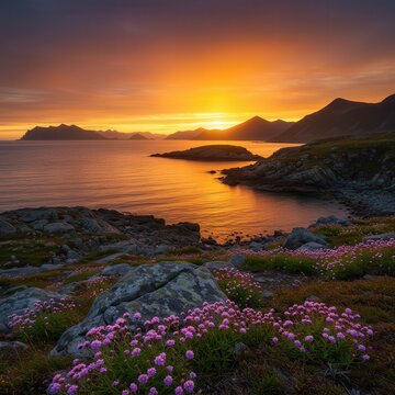 Sunset over the lofoten islands, norway