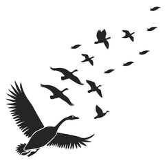 Flock of geese flying in formation birds migration