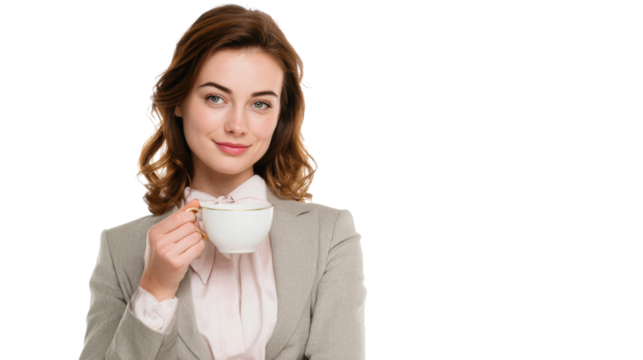 Smiling woman in a business suit holding a cup of coffee, on a white isolate background. - Powered by Adobe