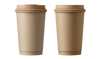 Two eco-friendly coffee cups, one brown and one beige, on white isolate background showcasing sustainable design.