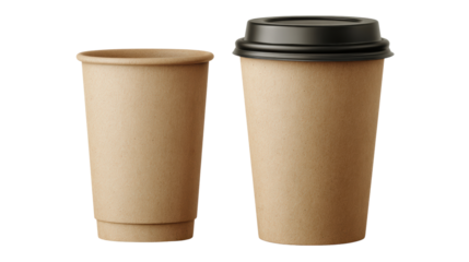 Two brown paper coffee cups, one with a lid, isolated on a white background.