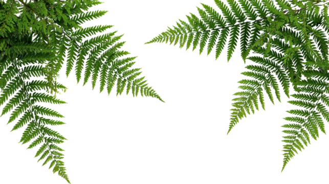 Two lush green fern leaves with intricate patterns against a white isolated background.