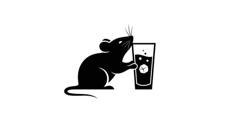 A black silhouette of a rat holding a glass of a bubbly drink.