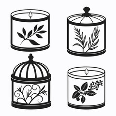 Four decorative candle jars with botanical motifs silhouette