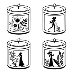 Four decorative candle jars with silhouettes floral