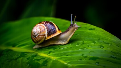 A snail crawling on a vibrant green leaf in a dark and moody environment