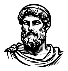 Ancient philosopher bust vector – classical Greek marble head with beard, engraving style illustration