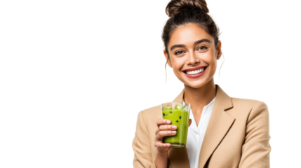 Woman smiling while holding a green drink, stylish outfit, white isolated background.