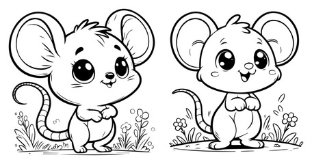 Cute mouse duo vector – adorable cartoon mice standing in grass, playful animal illustration