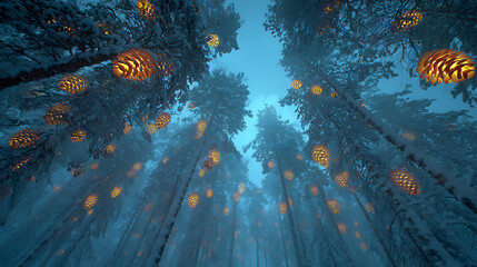 Looking up at snowcovered trees adorned with glowing pine cones in a winter wonderland forest