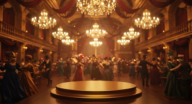 Elegant Masquerade Ball with Dancing Couples in Grand Ballroom