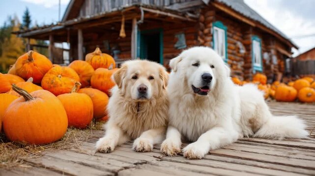 Autumnal Delight: Two fluffy dogs pose amidst a vibrant pumpkin patch near a rustic cabin, capturing the essence of fall's cozy charm.
