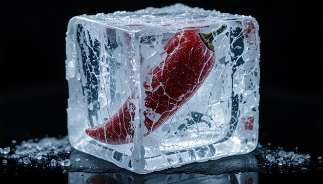 Red chili pepper frozen in a clear ice cube on a black background