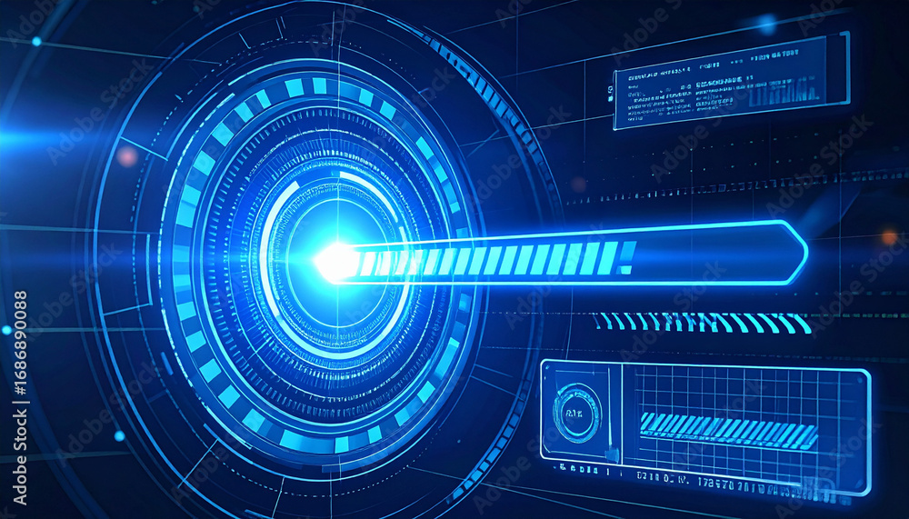Aufkleber an eye-catching futuristic digital user interface, featuring glowing blue lines and a circular desig