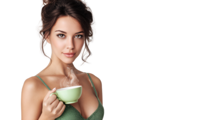 Young woman enjoying a cup of tea, smiling and relaxed, on a white isolated background.