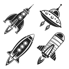 Four retro rocket ship and flying saucer icons spaceship