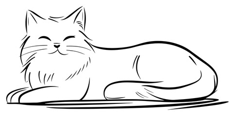 Relaxed cat vector – fluffy feline lying contentedly, simple pet outline illustration © Luka